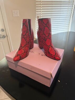 Madden Girl Red Snake-Print Pointed Toe Ankle Booties